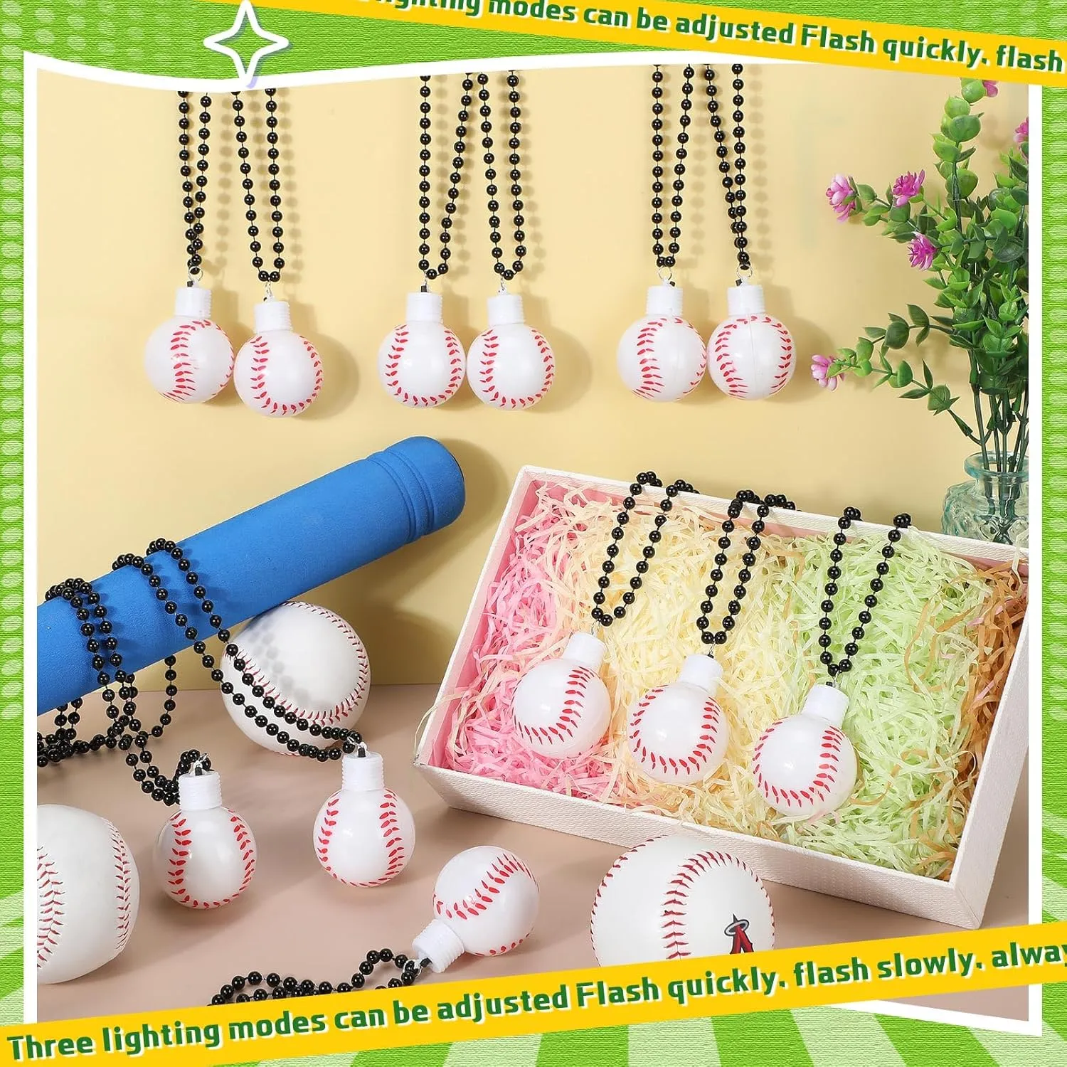 12 Pcs LED Ball Necklaces Basketball Football Baseball Party Light up Necklaces Glow Pendant Sports Party Favors Costume for Adult Sports Themed Party Gift (Baseball)