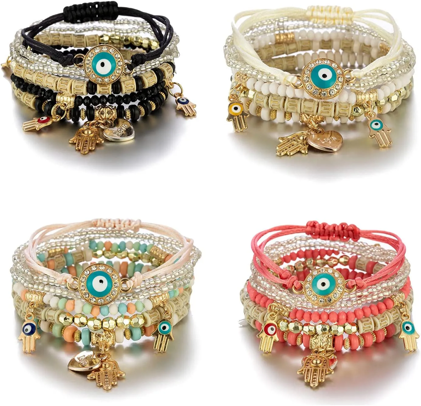 1/4 Sets Bohemian Stretch Beads Bracelets Multilayer Evil Eye Hamsa Hand Bracelet Handmade Multicolor Crystal Beaded Lucky Protection Bangles Strand Bracelet Boho Tassel Pendant Bracelets