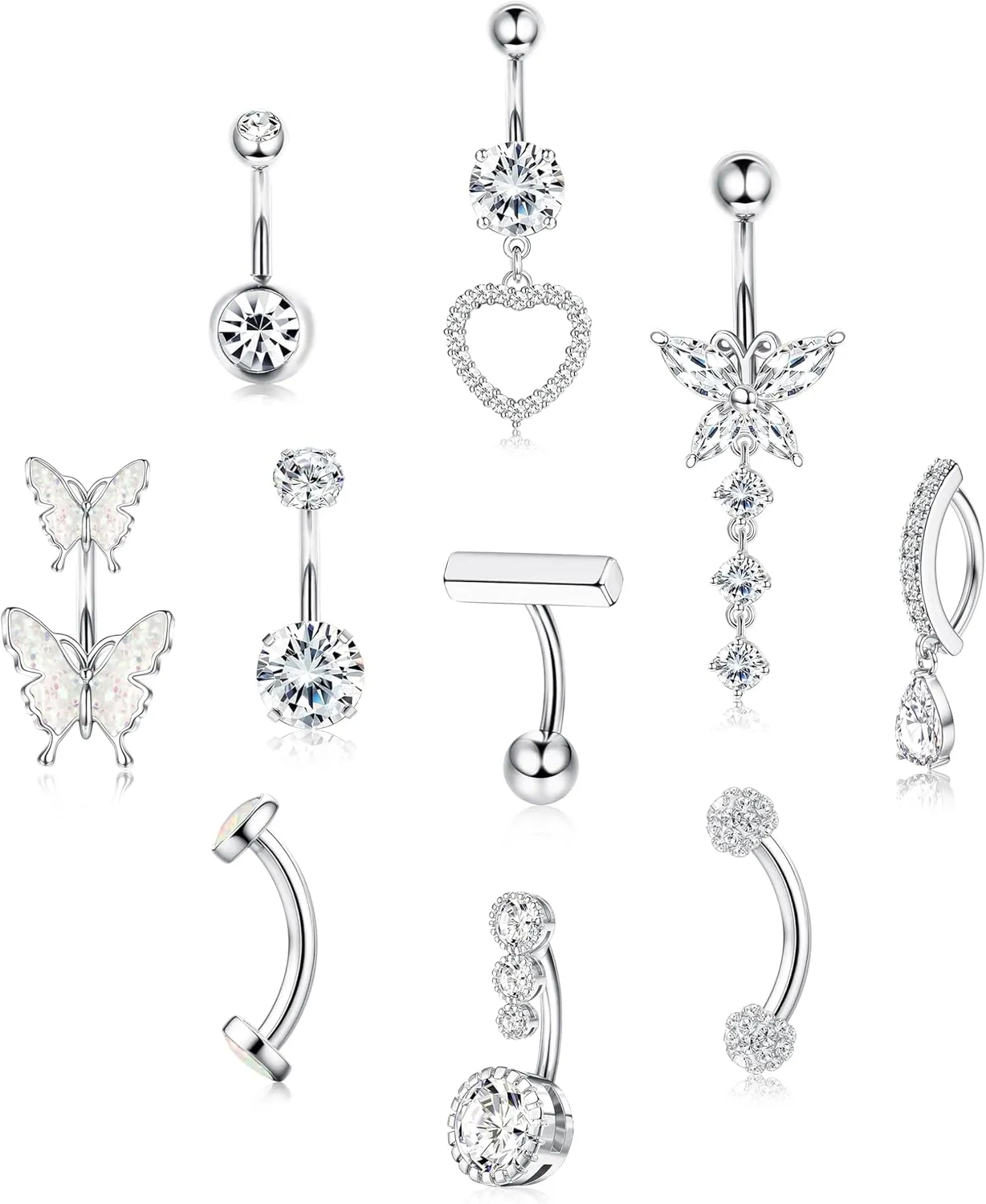 14G Belly Button Ring Stainless Steel Opal CZ Navel Piercing Belly Rings for Women Clicker Dangle Belly Button Piercing Jewelry Silver Gold