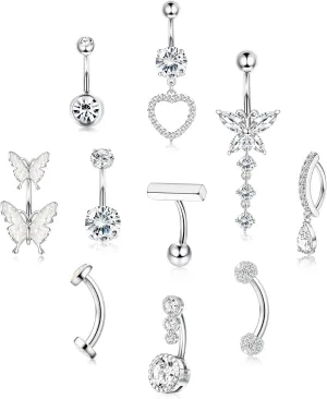 14G Belly Button Ring Stainless Steel Opal CZ Navel Piercing Belly Rings for Women Clicker Dangle Belly Button Piercing Jewelry Silver Gold