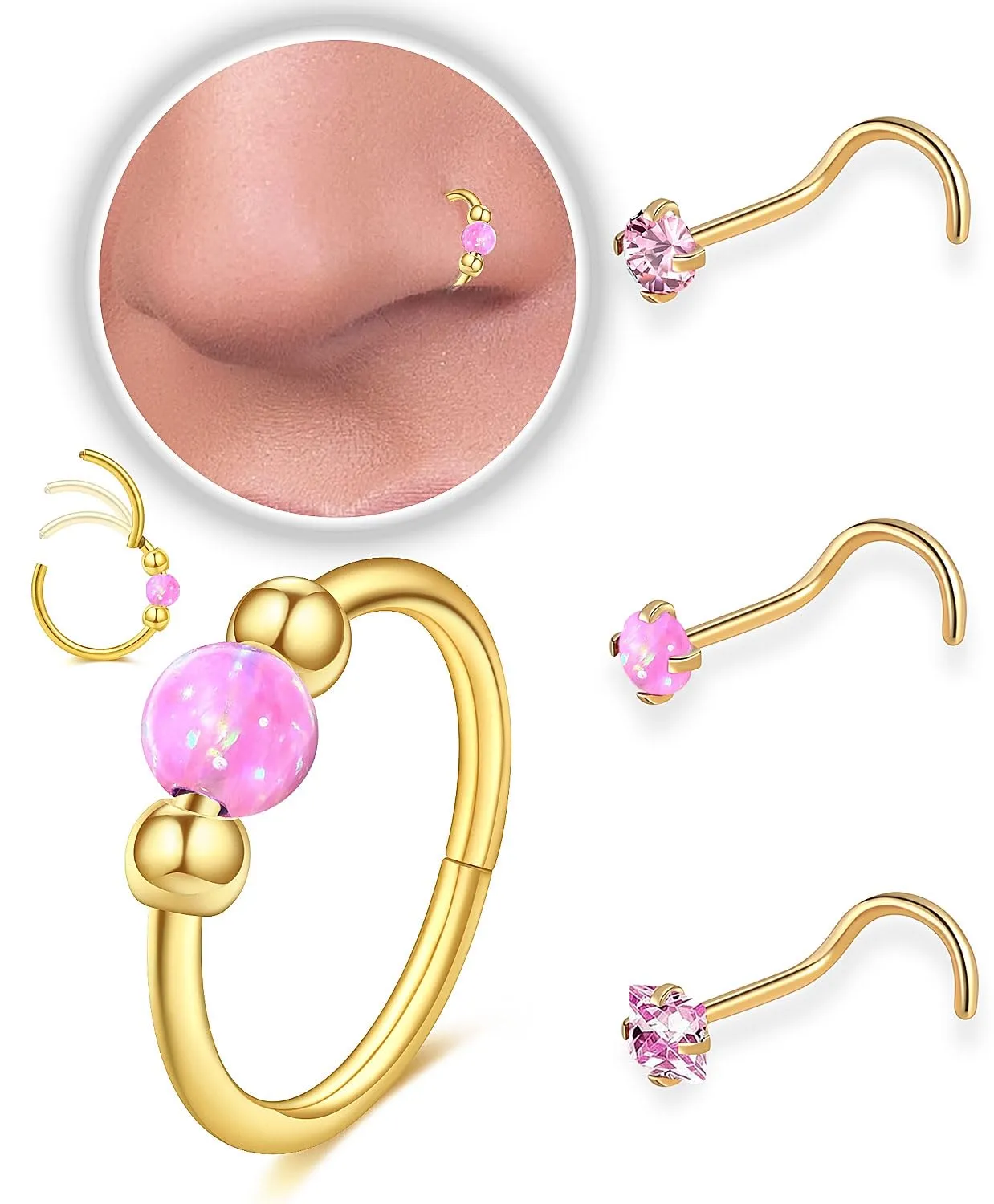 14K Gold Filled Hypoallergenic Surgical Steel Nose Ring Set for Women Men,Pink Opal Septum Hoop Corkscrew Nose Studs Small Hoops Cartilage Earrings for Helix, Rook,Conch and lobe