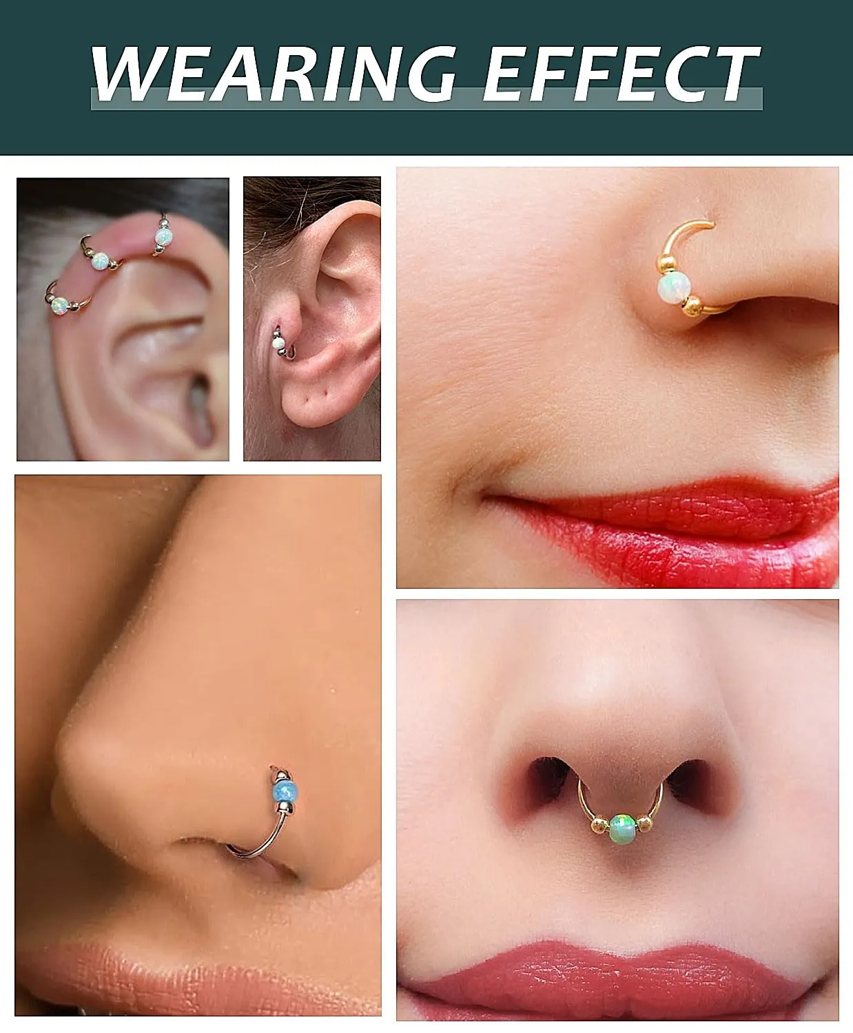 14K Gold Filled Hypoallergenic Surgical Steel Nose Ring Set for Women Men,Pink Opal Septum Hoop Corkscrew Nose Studs Small Hoops Cartilage Earrings for Helix, Rook,Conch and lobe