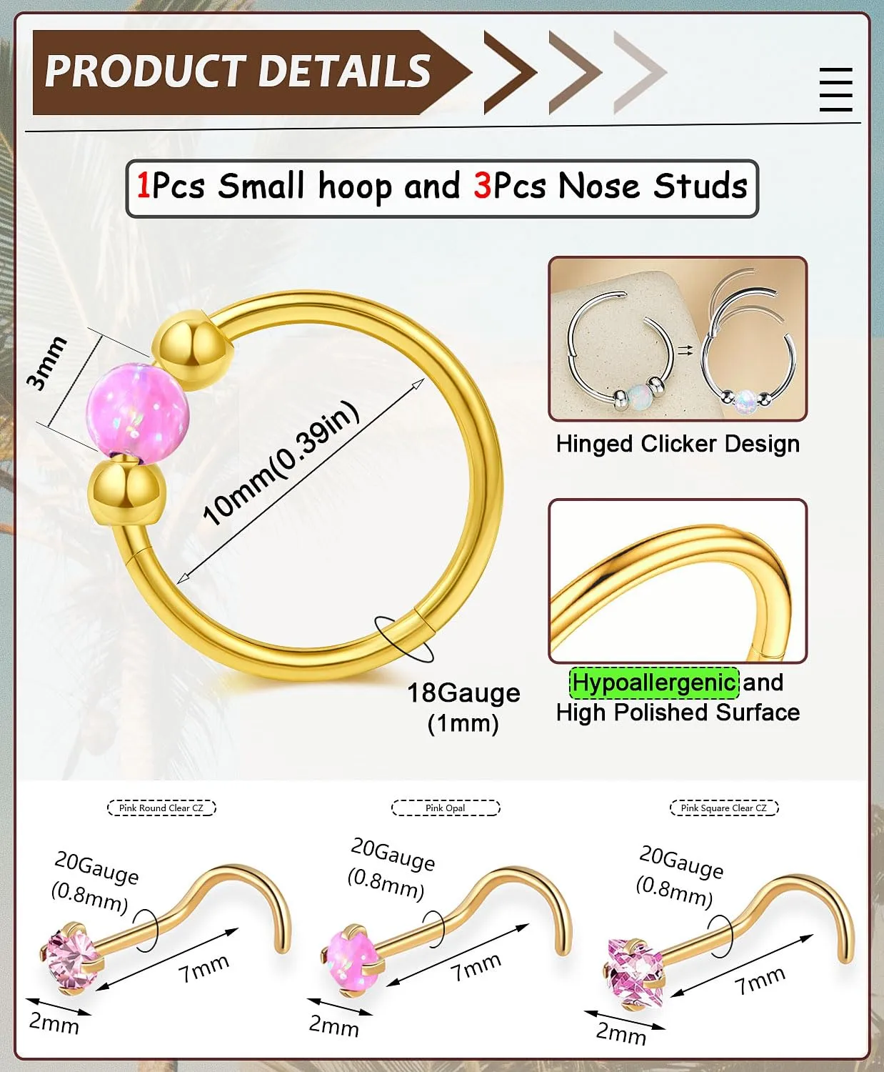 14K Gold Filled Hypoallergenic Surgical Steel Nose Ring Set for Women Men,Pink Opal Septum Hoop Corkscrew Nose Studs Small Hoops Cartilage Earrings for Helix, Rook,Conch and lobe