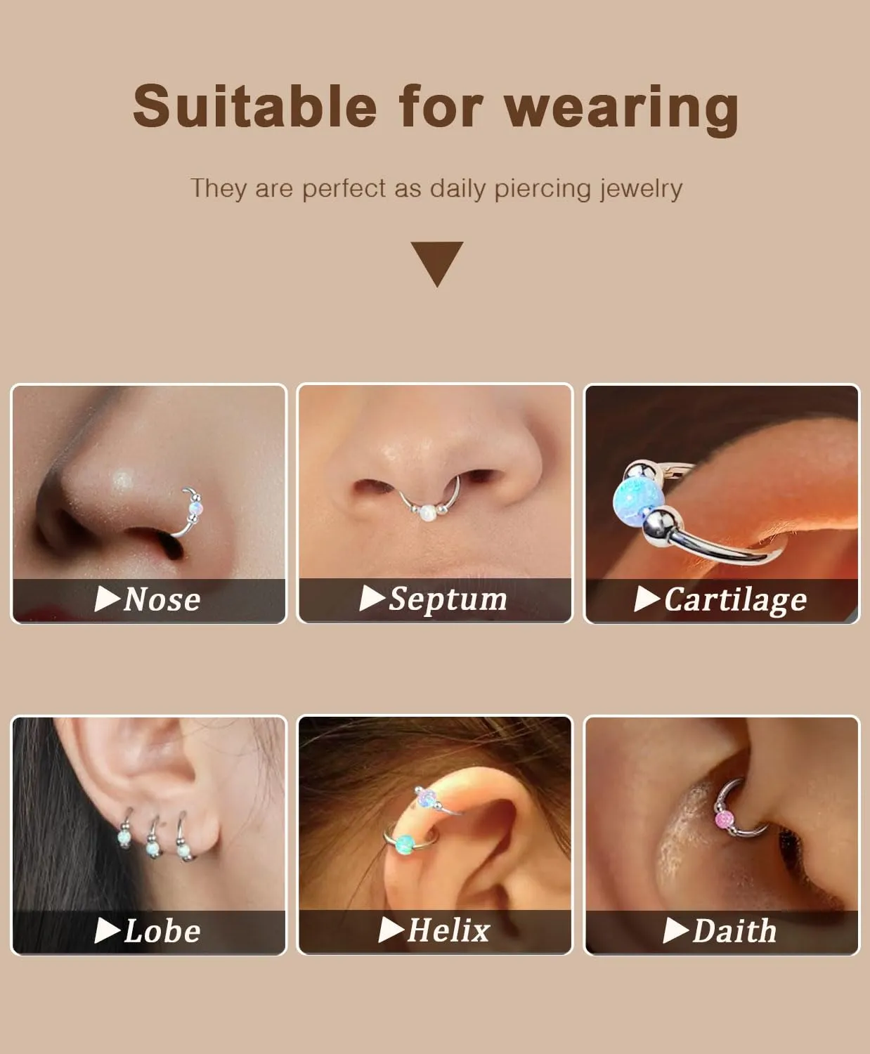 14K Gold Filled Hypoallergenic Surgical Steel Nose Ring Set for Women Men,Pink Opal Septum Hoop Corkscrew Nose Studs Small Hoops Cartilage Earrings for Helix, Rook,Conch and lobe