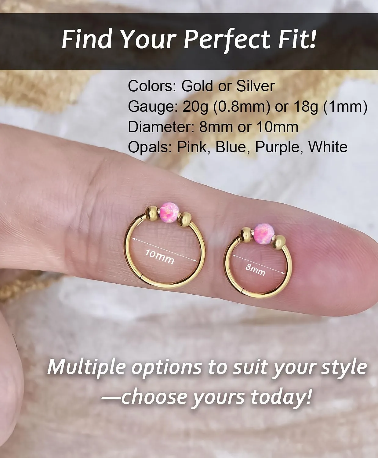 14K Gold Filled Hypoallergenic Surgical Steel Nose Ring Set for Women Men,Pink Opal Septum Hoop Corkscrew Nose Studs Small Hoops Cartilage Earrings for Helix, Rook,Conch and lobe