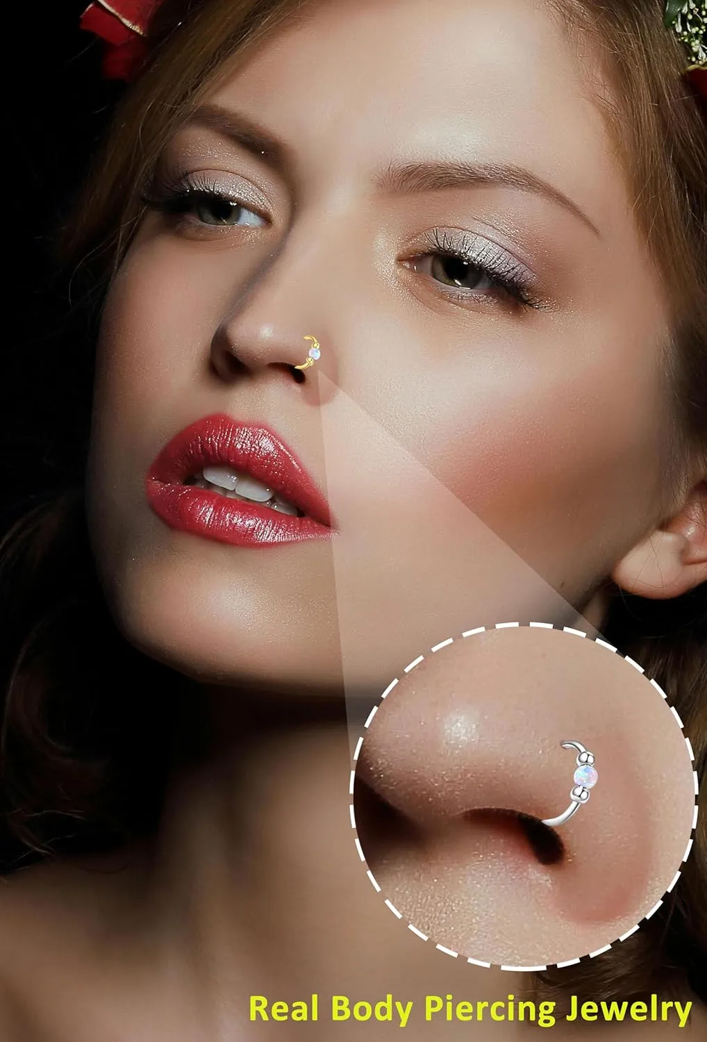 14K Gold Filled Hypoallergenic Surgical Steel Nose Ring Set for Women Men,Pink Opal Septum Hoop Corkscrew Nose Studs Small Hoops Cartilage Earrings for Helix, Rook,Conch and lobe