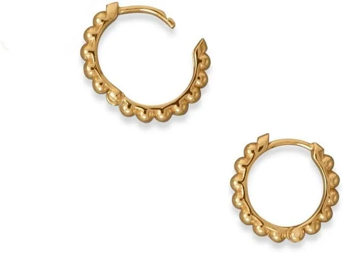 14k Gold Plated 925 Sterling Silver Beaded Click Hoop Earrings Hinged Have a Design Measure 14.5mm in Diameter-Hoop Earring for Women
