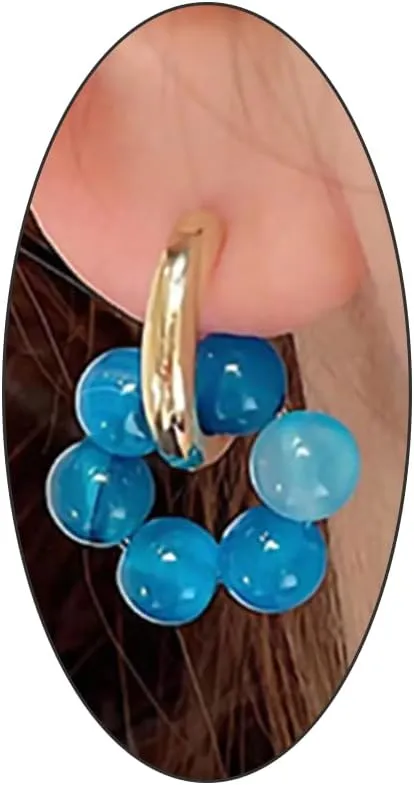 14K Gold Plated Gemstone Earring,Simple Small Circle Huggie Hoop Earring for Women,Green Natural Stone Round Beaded Dangle Earrings