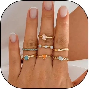 14K Gold Plated Stackable Knuckle Rings Set for Women Trendy Chunky Simulation Gemstone Signet Rings Dainty Midi Finger Rings Pack Aesthetic Statement Jewelry for Bridesmaid Wedding Gifts