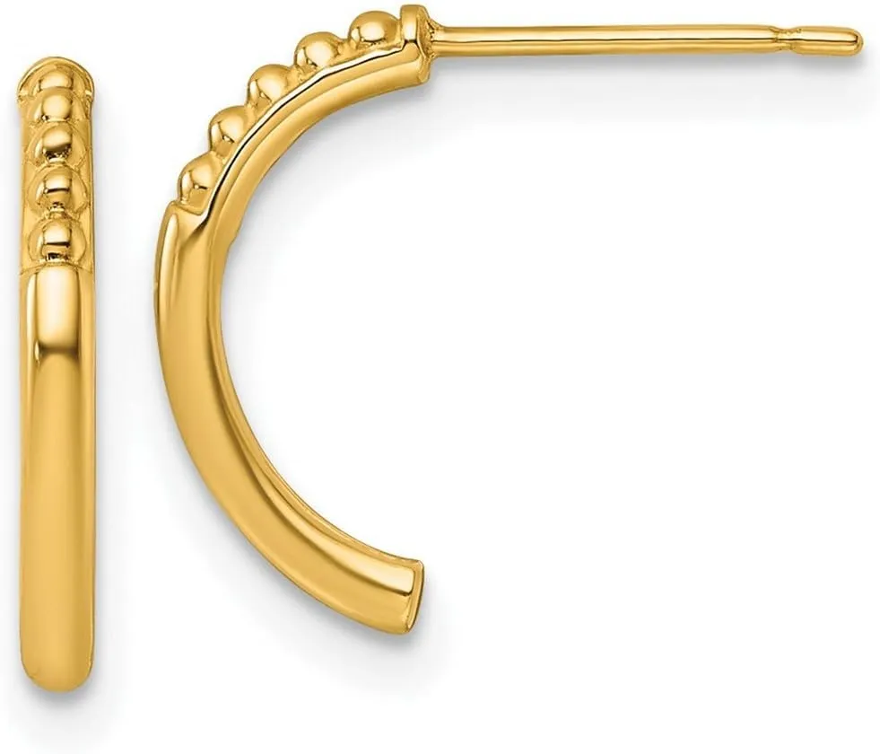 14k Solid Yellow Gold Polished and Beaded Post J hoop Earrings 12x12mm Wide 1.65mm Thick-Hoop Earring for Women