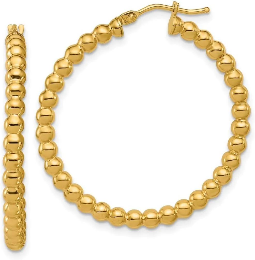 14k Solid Yellow Gold Polished Beaded Round Hoop Earrings 33x31mm Wide 3mm Thick-Hoop Earring for Women