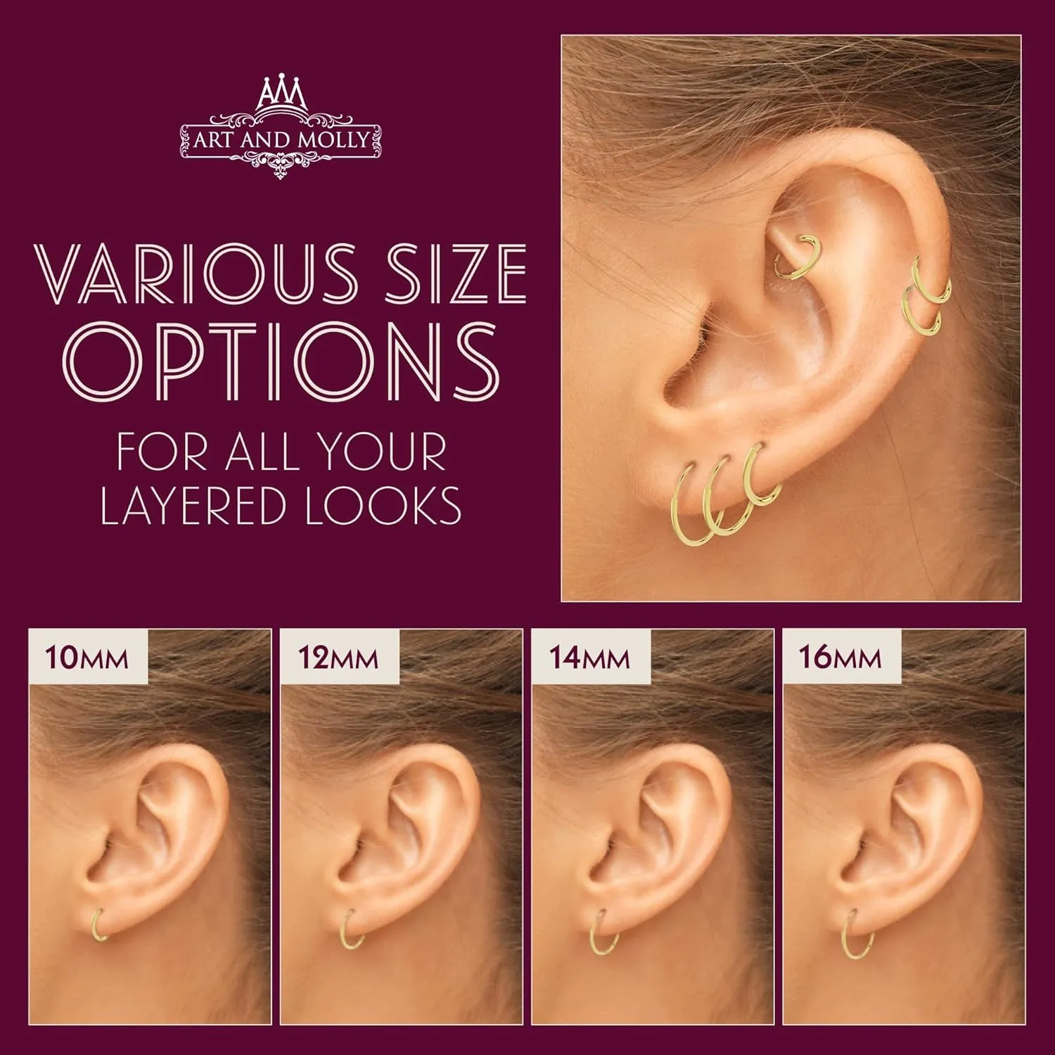 14k Yellow Gold Endless Hoop Earrings Round Flexible Thin Small little Continuous Real Pure Gold Hoops