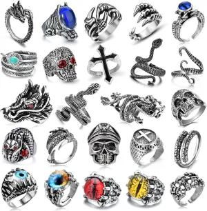 16-24 Pcs Vintage Punk Rings Set Gothic Biker Adjustable Rings Skeleton Skull Ring Feather Snake Drgon Lion Wolf Tiger Head Ring