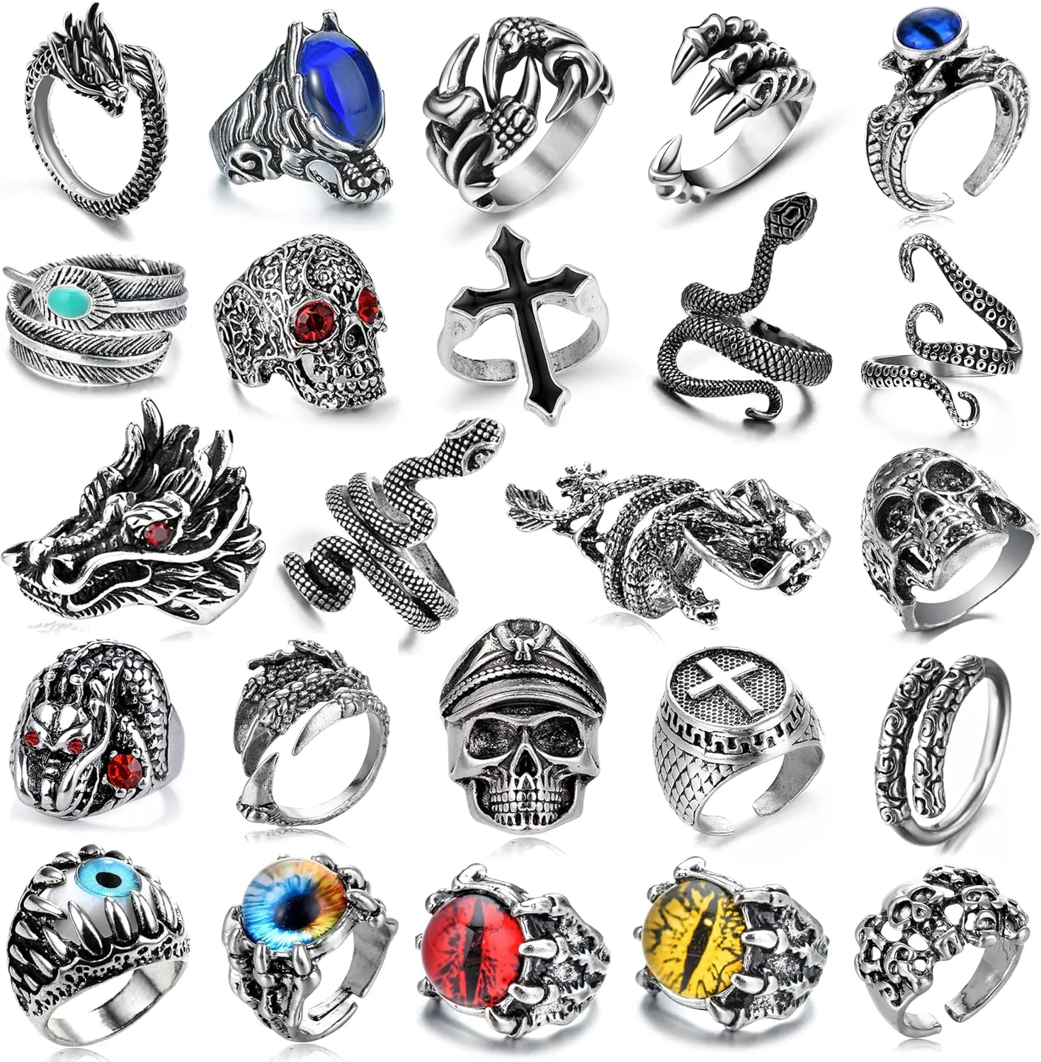 16-24 Pcs Vintage Punk Rings Set Gothic Biker Adjustable Rings Skeleton Skull Ring Feather Snake Drgon Lion Wolf Tiger Head Ring