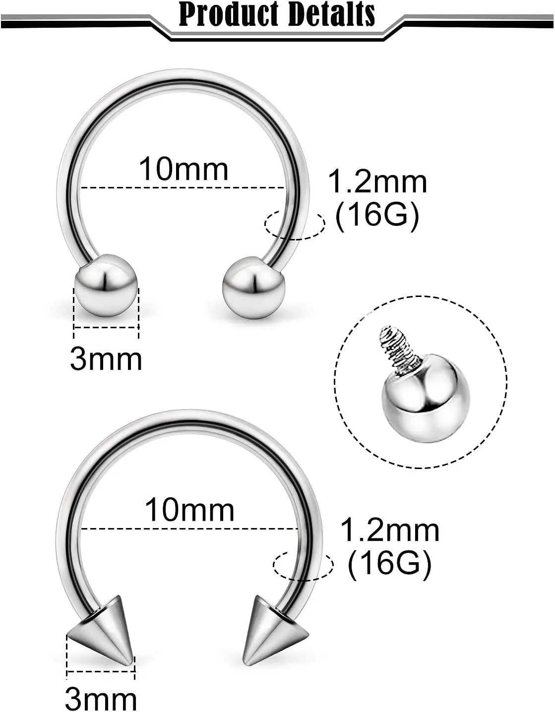 16G 14G 12G G23 Titanium Septum Rings Implant Grade Septum Piercings Horseshoes Lip Eyebrow Nose Ring Medical Cartilage Tragus Helix Rook Hoop Earring Piercing Jewelry for Women Men 8mm 10mm