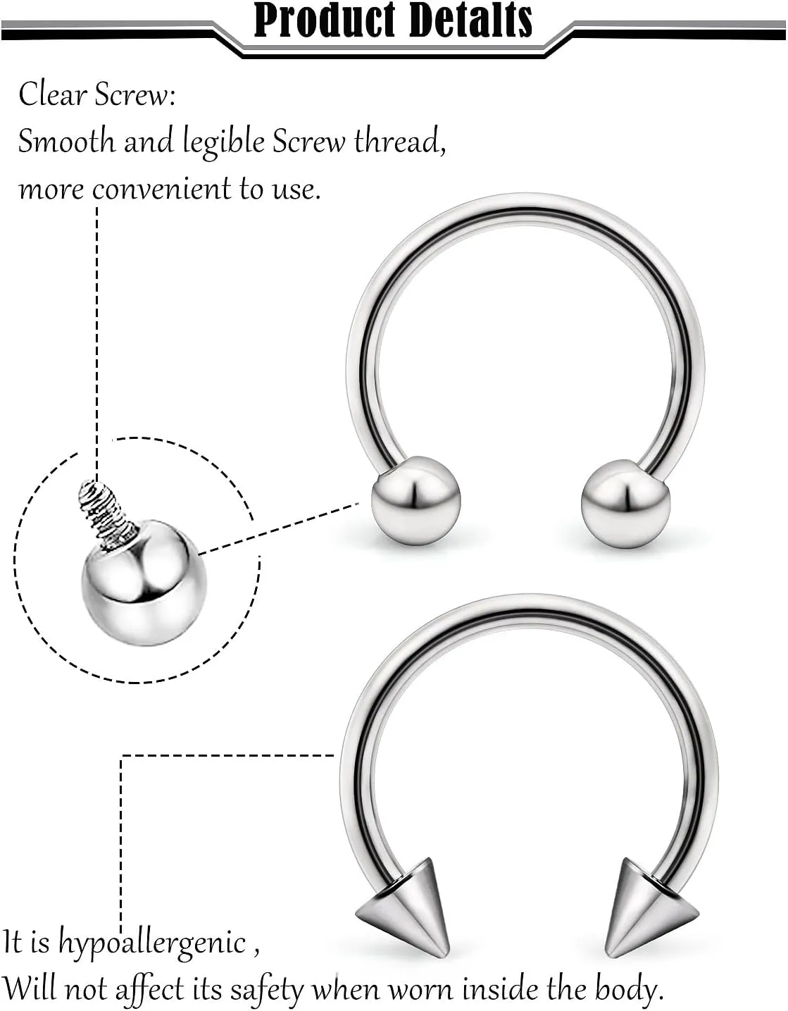 16G 14G 12G G23 Titanium Septum Rings Implant Grade Septum Piercings Horseshoes Lip Eyebrow Nose Ring Medical Cartilage Tragus Helix Rook Hoop Earring Piercing Jewelry for Women Men 8mm 10mm