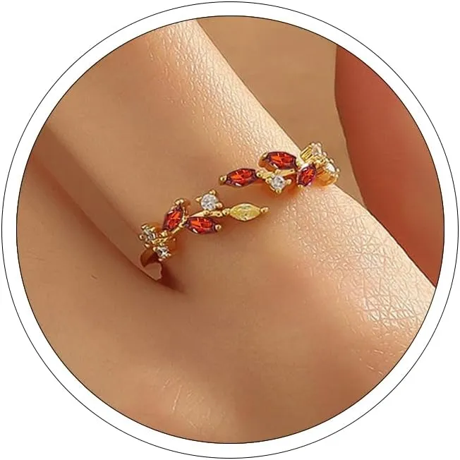 18K Gold Plated Ring Open Adjustable Ring Cubic Zirconia Leaf Ring for Women Dainty Stackable Rings for Women