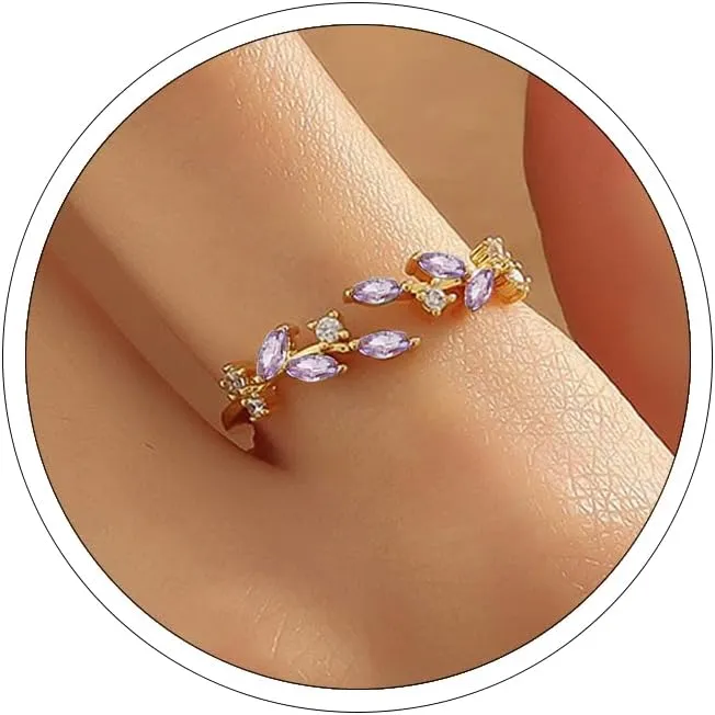 18K Gold Plated Ring Open Adjustable Ring Cubic Zirconia Leaf Ring for Women Dainty Stackable Rings for Women