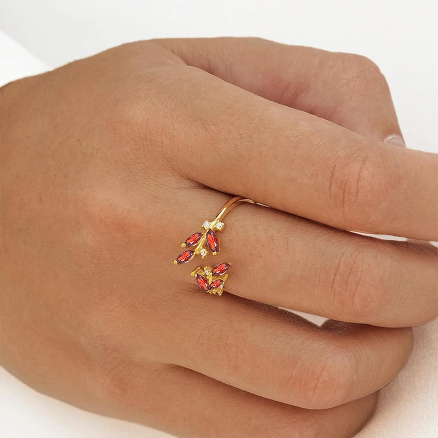 18K Gold Plated Ring Open Adjustable Ring Cubic Zirconia Leaf Ring for Women Dainty Stackable Rings for Women