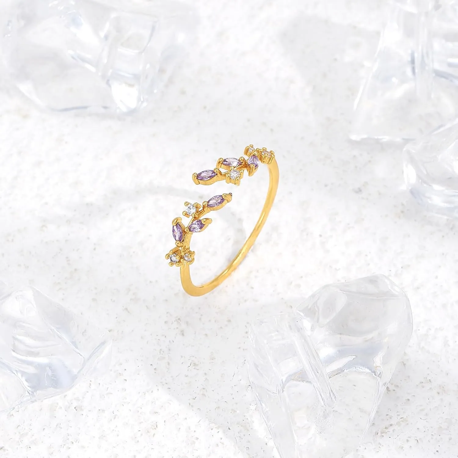 18K Gold Plated Ring Open Adjustable Ring Cubic Zirconia Leaf Ring for Women Dainty Stackable Rings for Women