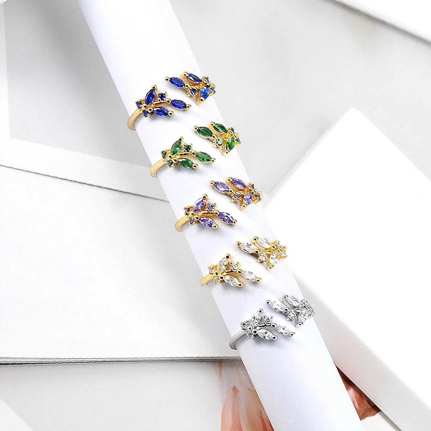18K Gold Plated Ring Open Adjustable Ring Cubic Zirconia Leaf Ring for Women Dainty Stackable Rings for Women