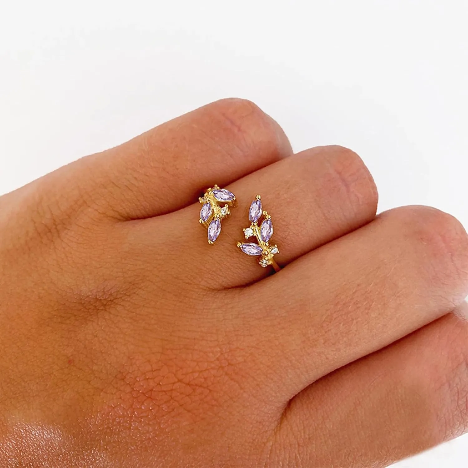 18K Gold Plated Ring Open Adjustable Ring Cubic Zirconia Leaf Ring for Women Dainty Stackable Rings for Women