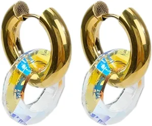 18k Gold Shiny Colorful Transparent Lucite Earrings For Women, Glass Circle Drop See Through Hoops Earrings, Round Huggie Vintage Lucite Earrings For