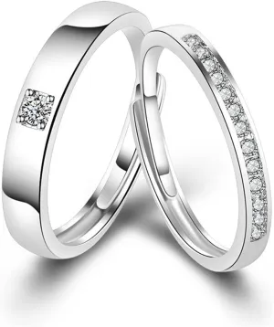 2 Pcs Couple Rings for Women and Men Couples Matching Rings Cubic Zirconia Half Eternity Band Rings Anniversary Promise Engagement Wedding Ring Sets Adjustable