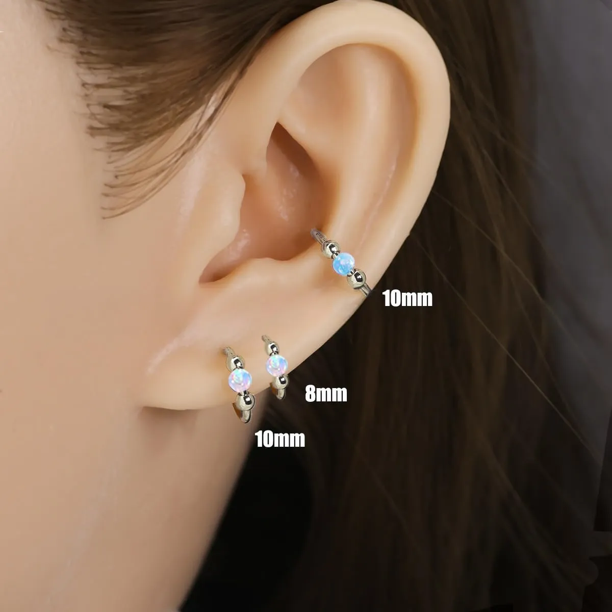 2 Pcs Small Cartilage Hoop Earrings for Women Men, 18G Opal Silver Earrings Hypoallergenic 316L Surgical Steel Hinge Huggie Hoop Earrings for Helix,Tragus,Conch,Rook,Earlobe Piercing Jewelry Nose Ring