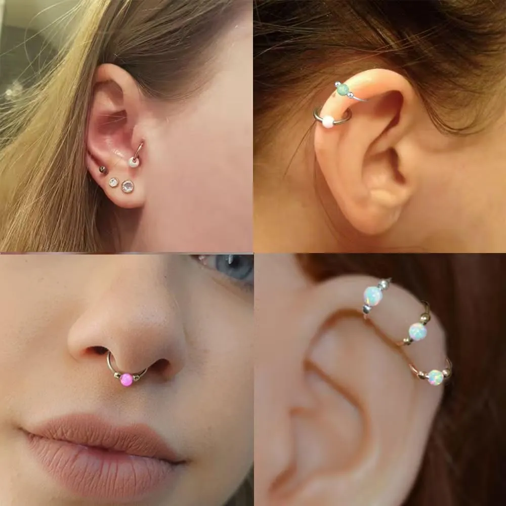 2 Pcs Small Cartilage Hoop Earrings for Women Men, 18G Opal Silver Earrings Hypoallergenic 316L Surgical Steel Hinge Huggie Hoop Earrings for Helix,Tragus,Conch,Rook,Earlobe Piercing Jewelry Nose Ring