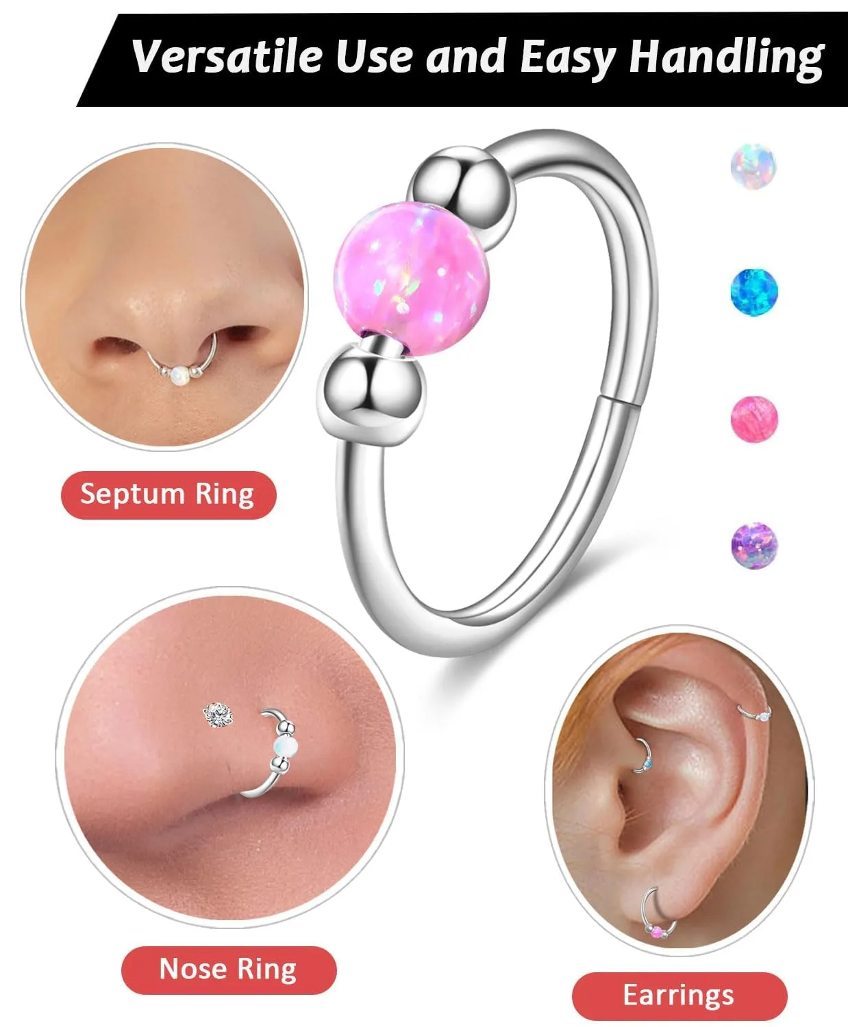 2 Pcs Small Cartilage Hoop Earrings for Women Men, 18G Opal Silver Earrings Hypoallergenic 316L Surgical Steel Hinge Huggie Hoop Earrings for Helix,Tragus,Conch,Rook,Earlobe Piercing Jewelry Nose Ring