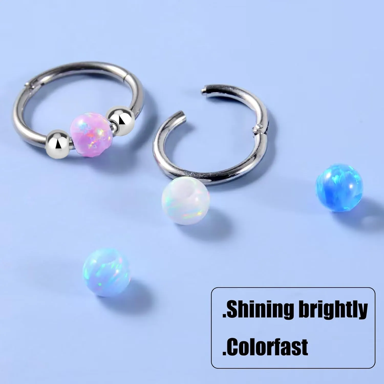 2 Pcs Small Cartilage Hoop Earrings for Women Men, 18G Opal Silver Earrings Hypoallergenic 316L Surgical Steel Hinge Huggie Hoop Earrings for Helix,Tragus,Conch,Rook,Earlobe Piercing Jewelry Nose Ring