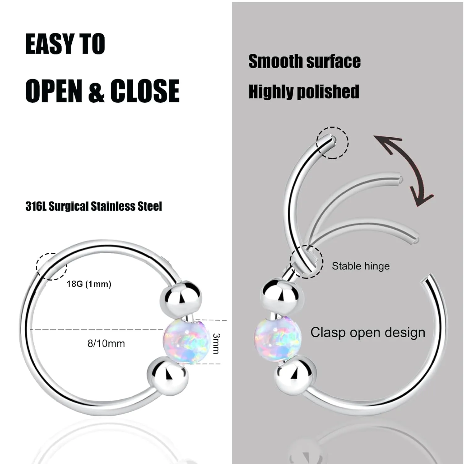 2 Pcs Small Cartilage Hoop Earrings for Women Men, 18G Opal Silver Earrings Hypoallergenic 316L Surgical Steel Hinge Huggie Hoop Earrings for Helix,Tragus,Conch,Rook,Earlobe Piercing Jewelry Nose Ring