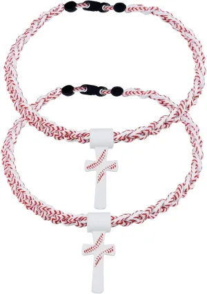 2 Pieces Baseball Cross Necklaces Braided Rope Tornado Titanium Baseball Necklaces Sport Rope Cross Pendant Necklace for Men Player