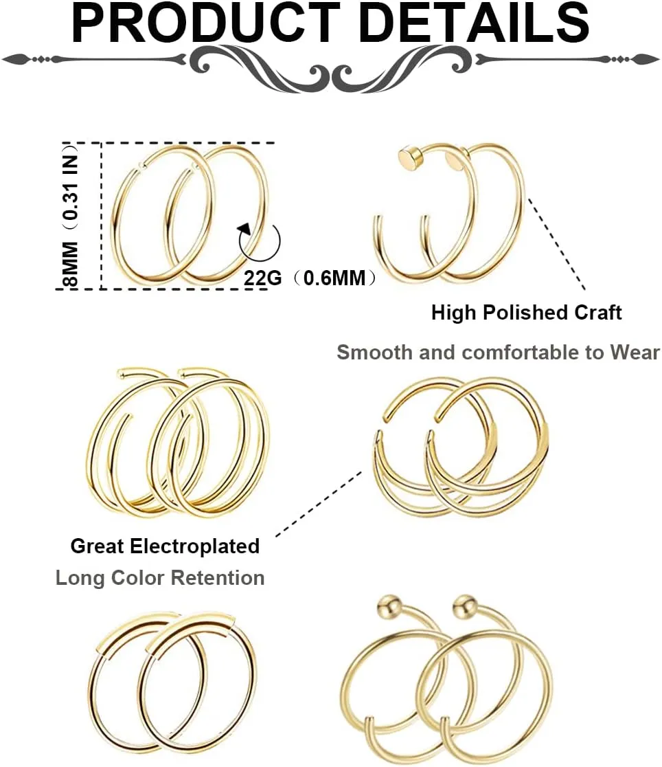 24PCS 22G 316L Stainless Steel Nose Rings Hoop for Women Men Nose Studs CZ Cartilage Helix Tragus Piercing Jewelry