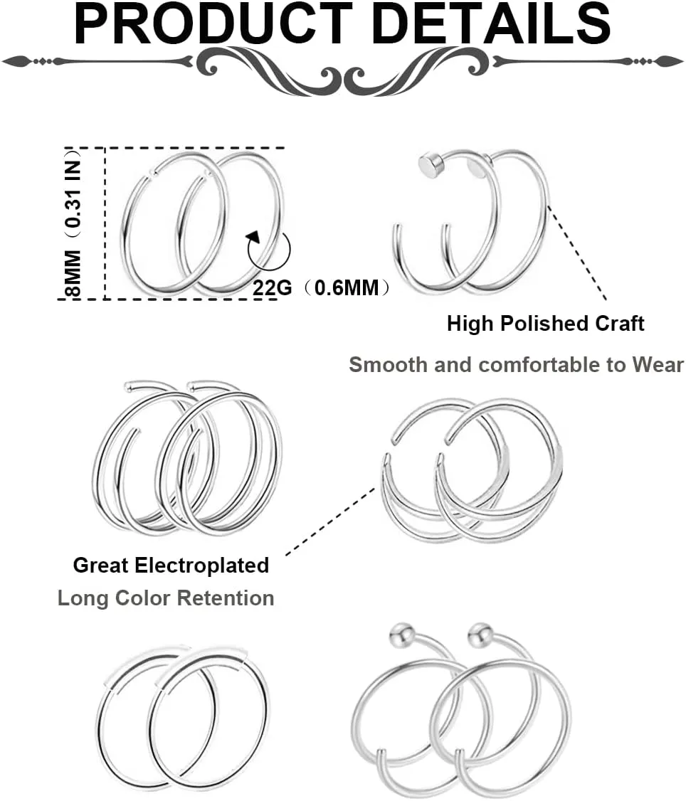 24PCS 22G 316L Stainless Steel Nose Rings Hoop for Women Men Nose Studs CZ Cartilage Helix Tragus Piercing Jewelry