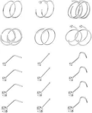 24PCS 22G 316L Stainless Steel Nose Rings Hoop for Women Men Nose Studs CZ Cartilage Helix Tragus Piercing Jewelry