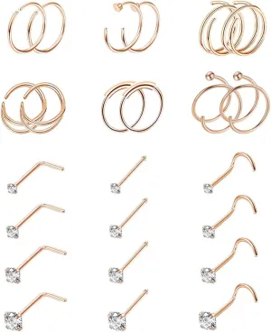24PCS 22G 316L Stainless Steel Nose Rings Hoop for Women Men Nose Studs CZ Cartilage Helix Tragus Piercing Jewelry