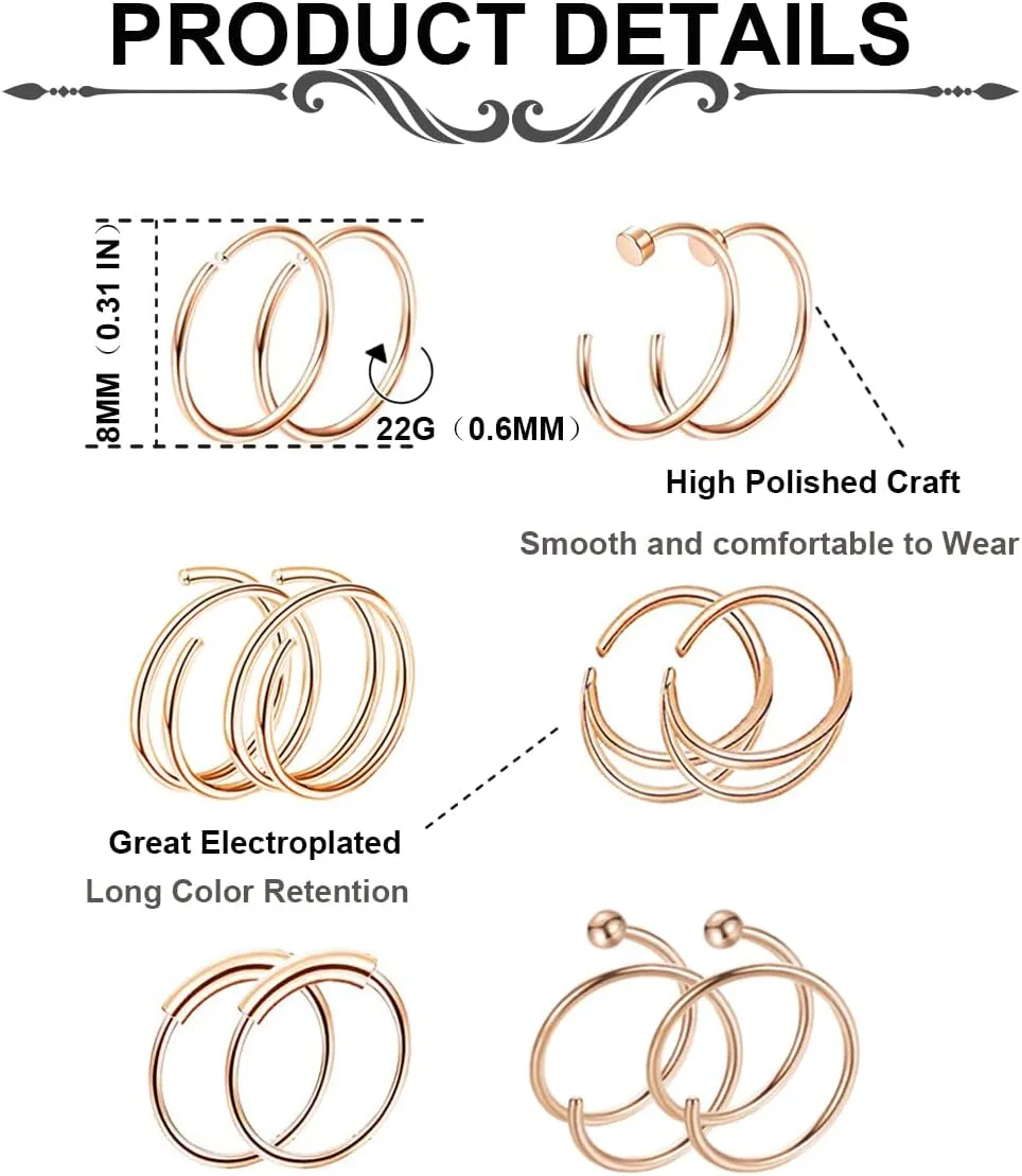 24PCS 22G 316L Stainless Steel Nose Rings Hoop for Women Men Nose Studs CZ Cartilage Helix Tragus Piercing Jewelry