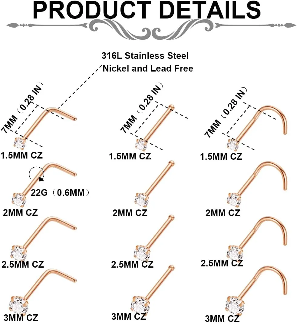 24PCS 22G 316L Stainless Steel Nose Rings Hoop for Women Men Nose Studs CZ Cartilage Helix Tragus Piercing Jewelry