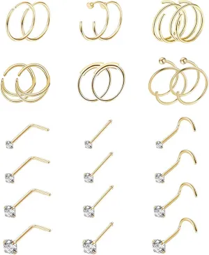 24PCS 22G 316L Stainless Steel Nose Rings Hoop for Women Men Nose Studs CZ Cartilage Helix Tragus Piercing Jewelry
