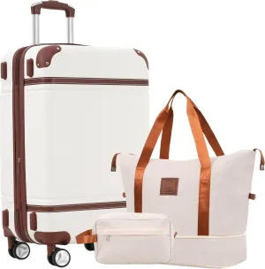 28" Hardshell Luggage Set with Double Spinner Wheels, TSA Lock & Travel Bags  Lightweight Vintage Green Suitcase, White