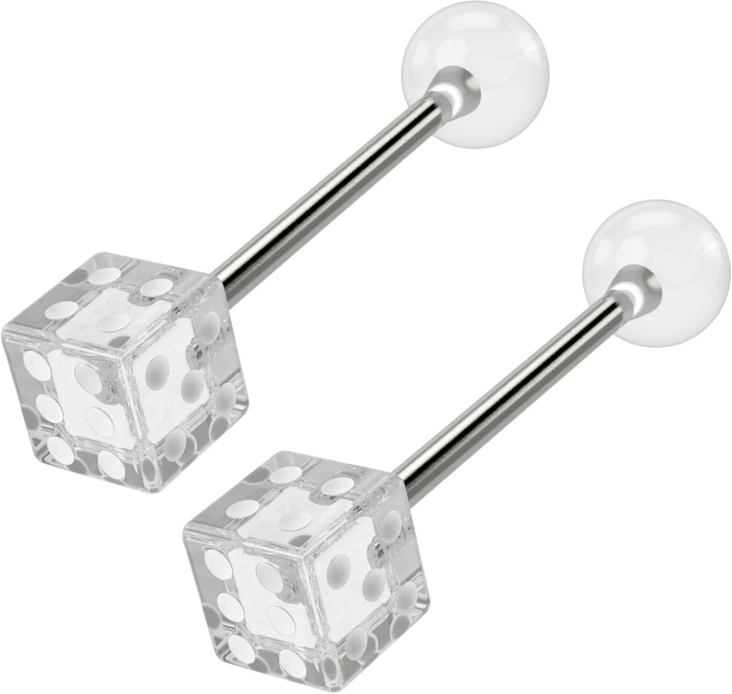 2pc Dice Tongue Ring Clear 14g Piercing Barbell For Women Acrylic Plastic 14 Gauge 16mm 5/8 Jewelry