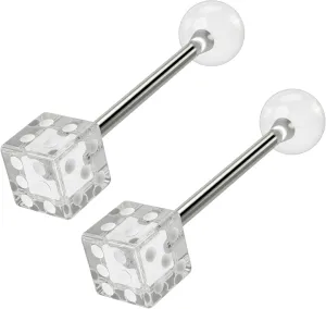 2pc Dice Tongue Ring Clear 14g Piercing Barbell For Women Acrylic Plastic 14 Gauge 16mm 5/8 Jewelry