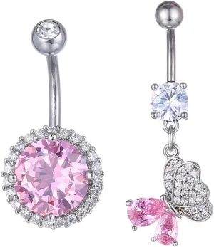2Pcs 14G Stainless Steel Belly Button Rings Pink Green Cubic Zirconia Belly Navel Rings Round Butterfly Belly Curved Barbell Body Piercing Jewelry for Women