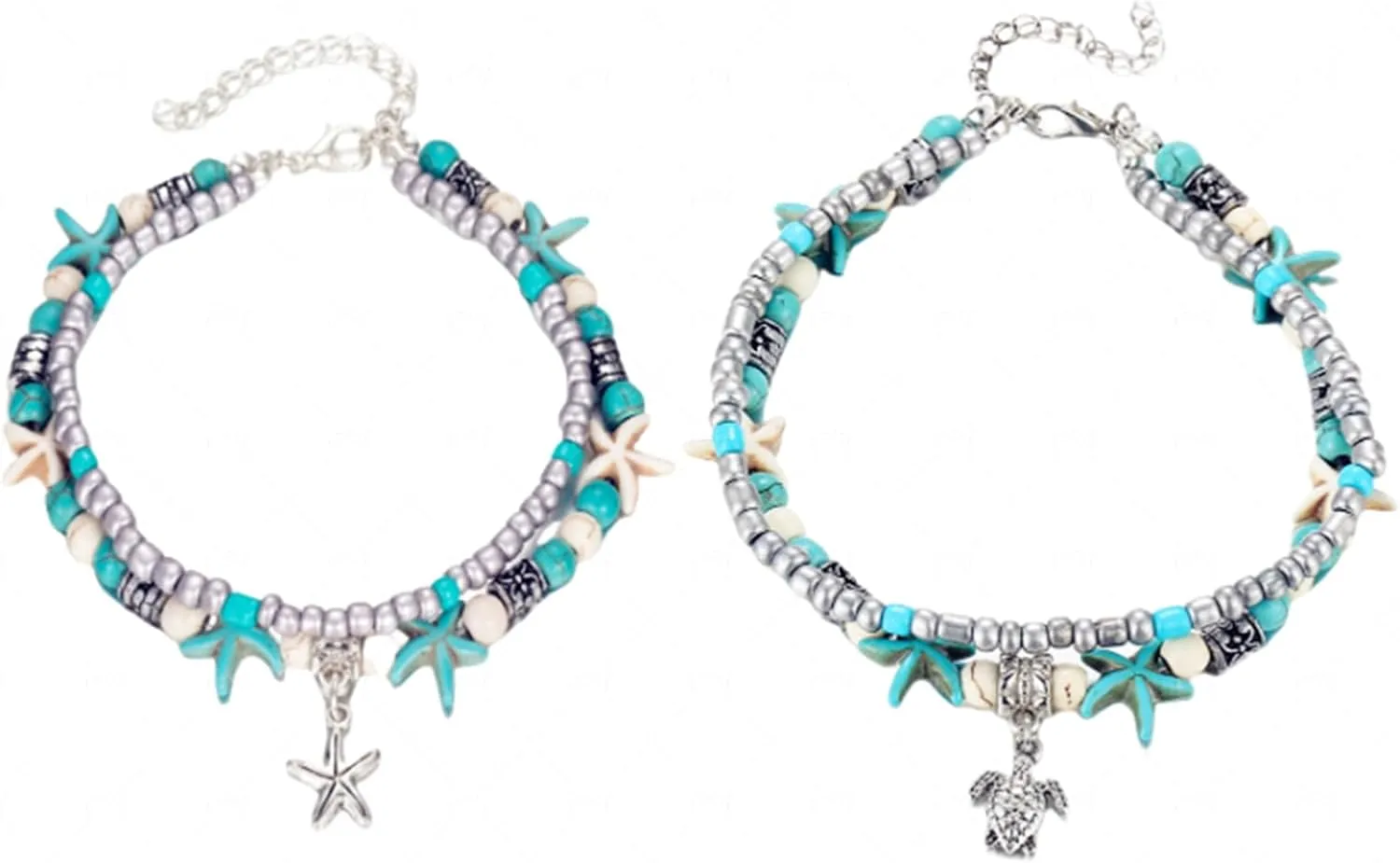 2pcs Boho Starfish Sea Turtle Anklet Bracelets Set Handmade Sea Ocean Animal Layered Turquoise Beaded Chain Ankle Bracelet for Women Friendship Couples Bohemian Summer Beach Holiday Fashion Jewelry