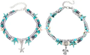 2pcs Boho Starfish Sea Turtle Anklet Bracelets Set Handmade Sea Ocean Animal Layered Turquoise Beaded Chain Ankle Bracelet for Women Friendship Couples Bohemian Summer Beach Holiday Fashion Jewelry
