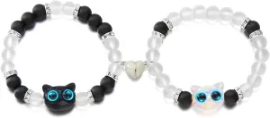 2Pcs Couple Friendship Bracelets Cute Cartoon Cat Animal Heart Matching Bracelets Butterfly Moon Matching Bracelets Vintage Crucifix Bracelet Colorful Beaded Elastic Bracelet for Women Men Best Friends Trendy Jewelry