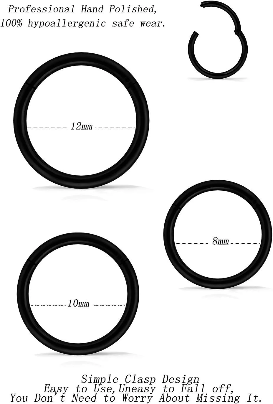3 Pairs 18G 16G 14G Nose Rings Hoops 316l Surgical Steel Septum Jewelry Hinged Segment Clicker Ring Lip Ring Cartilage Tragus Rook Earrings Hoop 6mm 8mm 10mm 12mm Silver Black for Women Men