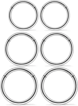 3 Pairs 18G 16G 14G Nose Rings Hoops 316l Surgical Steel Septum Jewelry Hinged Segment Clicker Ring Lip Ring Cartilage Tragus Rook Earrings Hoop 6mm 8mm 10mm 12mm Silver Black for Women Men